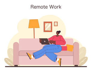 Home office concept. A relaxed woman efficiently manages digital workflows from the comfort of her sofa. The essence of remote employment. Flat vector illustration