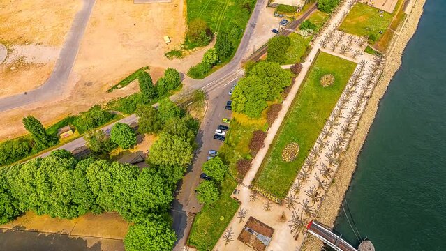 view along the banks of the rhine river before worms to the rhine bridge, nibelung bridge 4k 60fps
