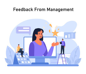 Feedback From Management concept. A jubilant employee receives a golden star for performance as colleagues observe, capturing the essence of praise and recognition. Flat vector illustration.