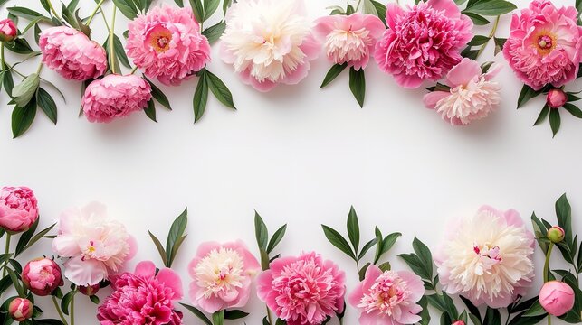Top view of a backdrop frame made with peony flowers in white surface, Generative AI.