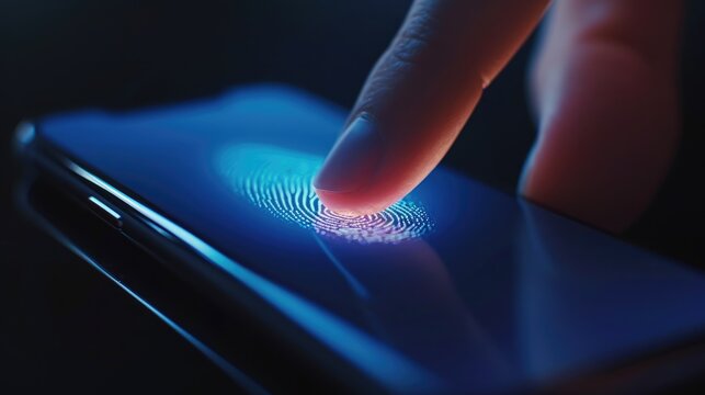Person’s finger makes contact with a cell phone screen unlocking a smartphone with the touch of fingerprint. Biometric modern fingerprint technology
