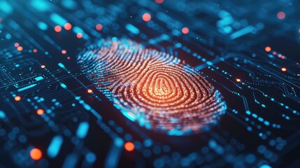 Fingerprint on a blue microchip. Cybersecurity concept, user privacy security and encryption. Future technology, data protection, secure internet access - obrazy, fototapety, plakaty