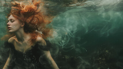 
fantasy photo of a red-haired girl in a dress underwater