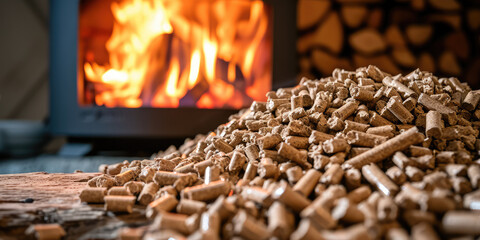 Warm Home Atmosphere with Wood Pellets and Stove. A close-up of wood pellets with a glowing stove in the background.