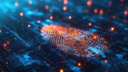 Fingerprint on a blue microchip. Cybersecurity concept, user privacy security and encryption. Future technology, data protection, secure internet access