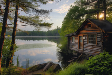 Fototapeta na wymiar wooden house on the shore of the lake
