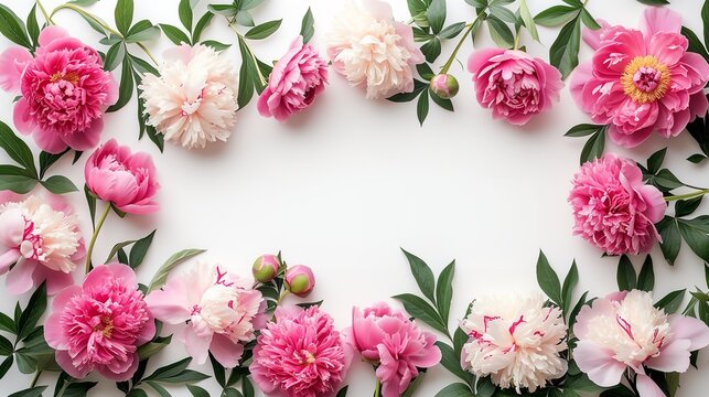 Top view of a backdrop frame made with peony flowers in white surface, Generative AI.