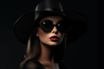 Beautiful woman in black hat and glasses, fashion magazine cover