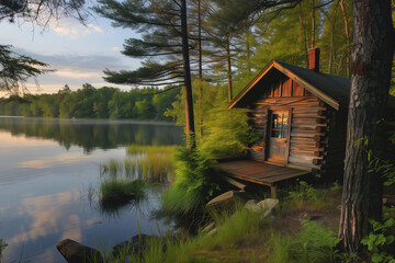 wooden house on the shore of the lake