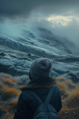 a child in a hat and a warm jacket against the backdrop of a winter steppe or mountain landscape