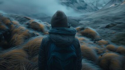 a child in a hat and a warm jacket against the backdrop of a winter steppe or mountain landscape