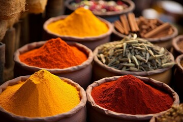 Close up of vibrant spice market with assorted spices. Generative AI