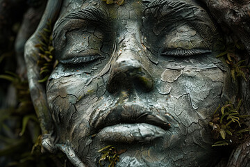 
girl's face made from tree bark