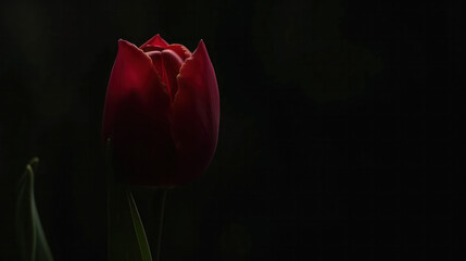 Red Tulip Blooming in the Dark