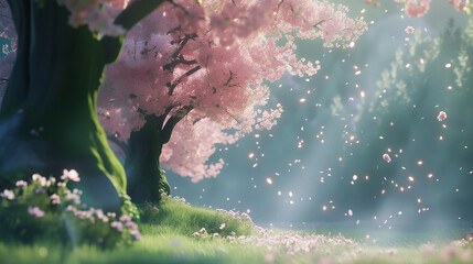 landscape featuring pink spring blossoms with a majestic