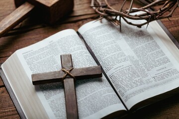 Crown of thorns on holy Bible. Easter concept.