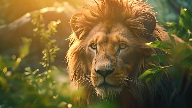 Wild lion with yellow eyes stalking over the green leaves