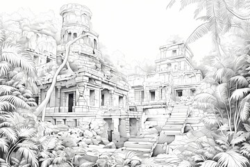 Ancient ruins surrounded by lush tropical foliage, line drawing, no background, no detail, no color.