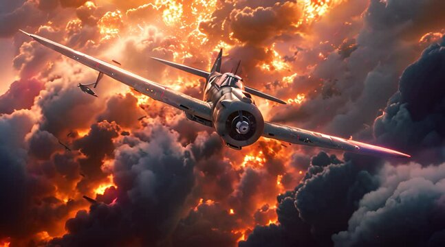 World war II spitfire plane escapes from the deadliest dogfight, leaving a trail of destruction beneath with big explosions and smoke