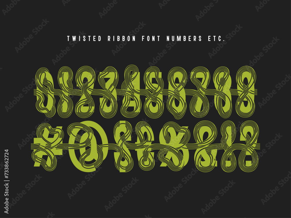 Poster numbers and extra characters for creative vector font set with twisted ribbon lines wrapped around t
