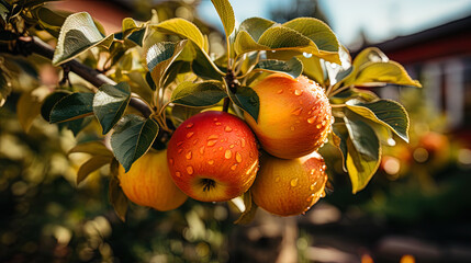 An amazing apple on a branch in a bright sunny garden covered with golden lea - obrazy, fototapety, plakaty