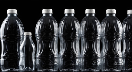 Photo images of PET bottles, reusable and recyclable plastic bottles. Generative AI.
