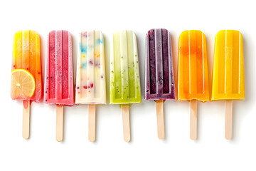 Colorful popsicles on a white background. Top view