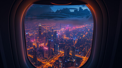 Fototapeta na wymiar 飛行機の窓から見える未来都市　ネオン