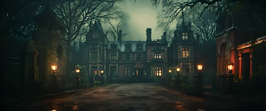 Panning shot of a haunted victorian era mansion with pebbles road