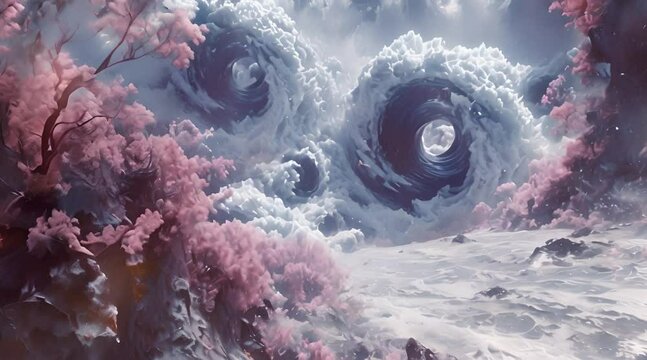Abstract frozen water whirpool with pink levaed tree in the magical fantasy realm