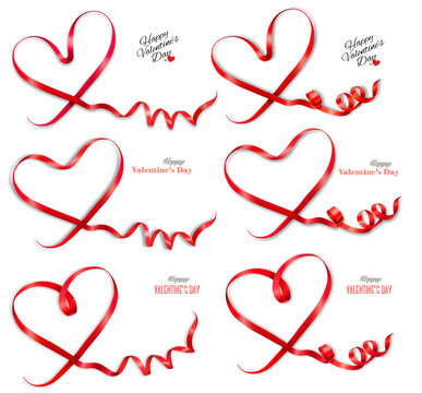 Mega set of gift cards with red ribbons shaped hearts. Valentine's day holiday card. Mother's day holiday card. Vector illustration.
