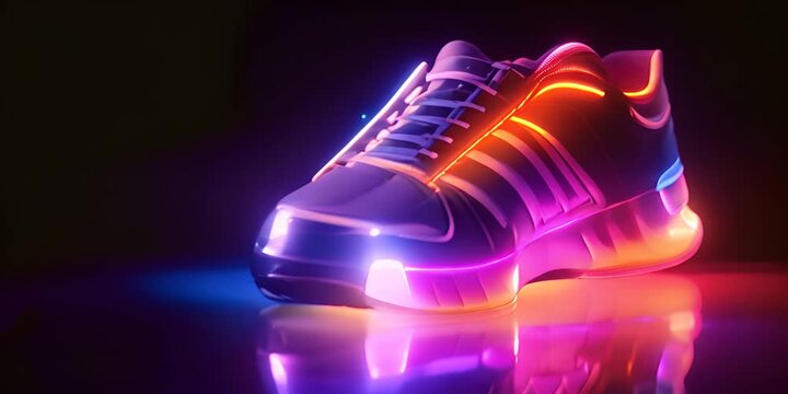 Futuristic fashion original sneakers. Future design of stylish sport shoes with neon glow, futuristic urban aesthetics 4K Video