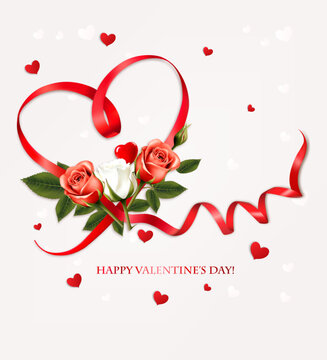 Happy Valentine's Day beautiful background with colorful roses and red heart shape ribbon Vector.