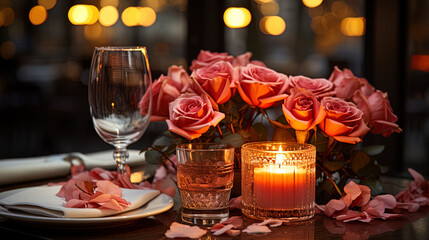 An ideal romantic corner: a table in a restaurant decorated with roses and candles, with beautiful
