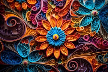 Fototapeta na wymiar A mesmerizing image of a paper quilled masterpiece, featuring intricate coils and shapes meticulously arranged to form a breathtaking design, with vibrant colors, fine line textures, and sharp resolut
