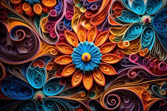 A mesmerizing image of a paper quilled masterpiece, featuring intricate coils and shapes meticulously arranged to form a breathtaking design, with vibrant colors, fine line textures, and sharp resolut