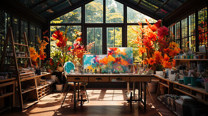 Art studio with bright colors and a creative atmospher