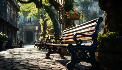 Bench underneath a tree in an old European town. Bench on a pebble street surrounded by old architecture and foliage. Solitary bench with moody lightning