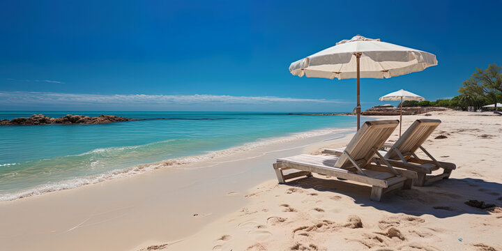 A beach vacation in the style of a luxurious resort: white sun loungers, crystal clear water and c