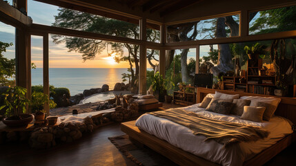 A bedroom with large windows that allow you to enjoy the sun - obrazy, fototapety, plakaty