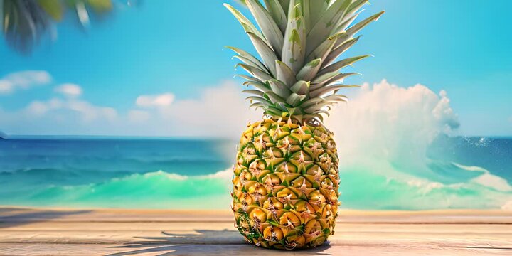 Fresh tropical pineapple with paradise beach background and copy space 4K Video