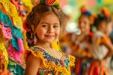 A young girl dancing in traditional Mexican attire
