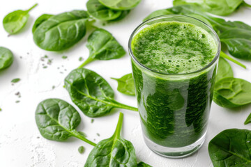 Obraz premium Glass Filled With Green Liquid Surrounded by Spinach Leaves