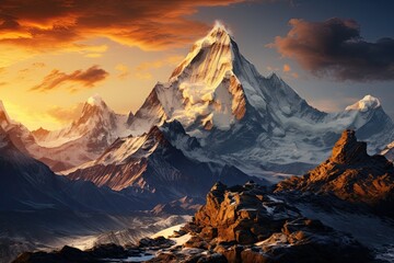 Himalayas. Mountain range at sunrise or sunset. Generative AI Art. Beautiful view.