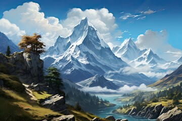 Himalayas. Valley with a mountain river. Generative AI Art. Beautiful view.