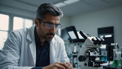 scientist looking through microscope