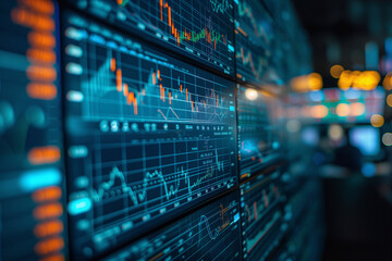 Financial Exchange. Close-up of an extensive digital stock exchange display, showing in-depth market data and trading graphs in a financial setting. - obrazy, fototapety, plakaty
