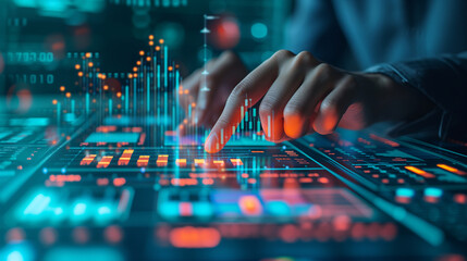 Financial Trading. Close-up of a hand interacting with a digital financial chart, highlighting the detailed analysis of trading data and market trends. - obrazy, fototapety, plakaty