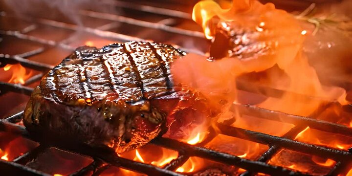 Rib - eye steaks cooking on flaming grill panorama 4K Video