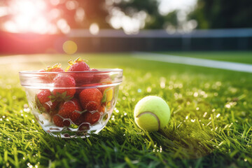 Tennis ball put near transparent glass bowl with ripe strawberries on lush grass. Sweet snack after active tennis match in summer evening - obrazy, fototapety, plakaty
